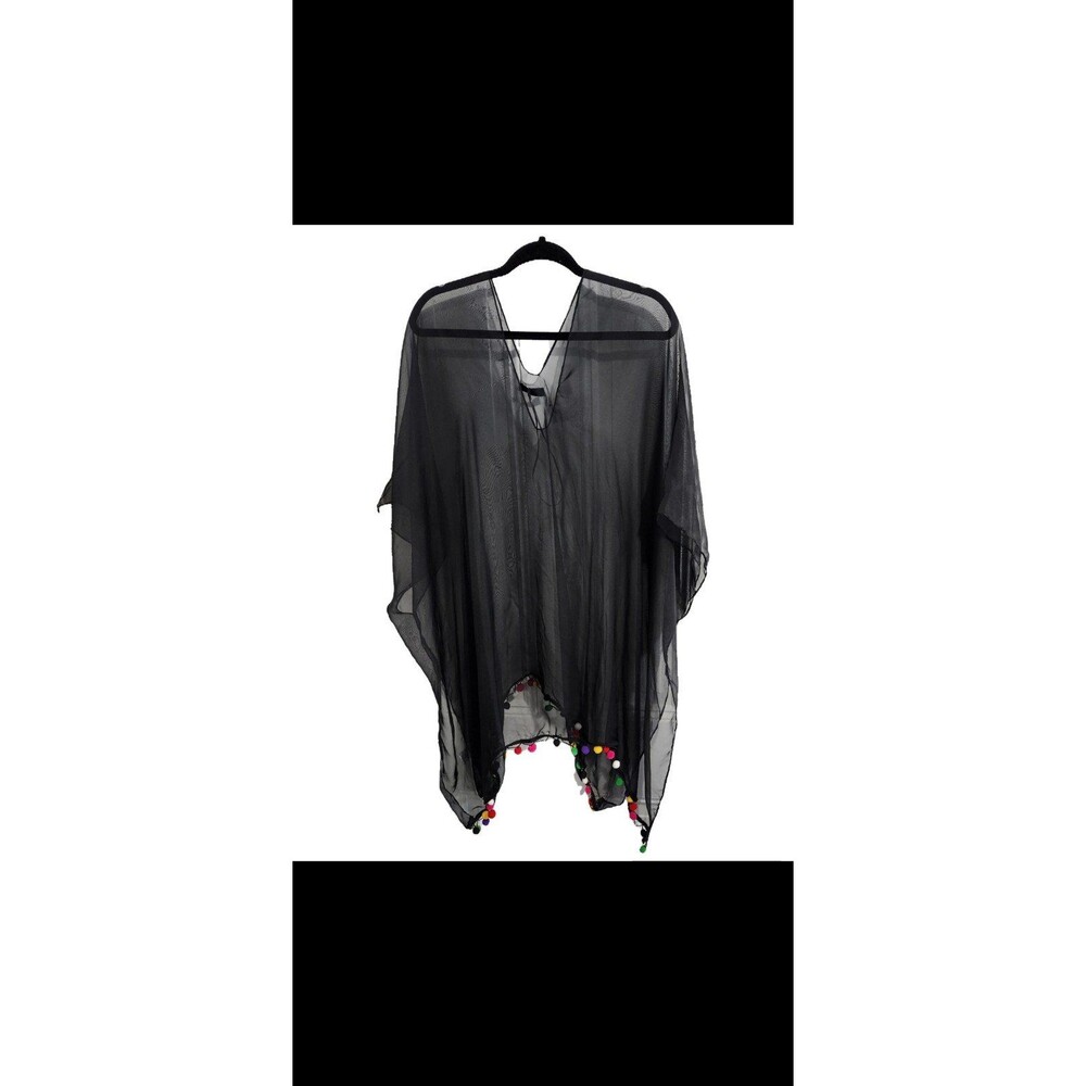 Sheer Black Pom Pom One Size Cover Up Beachwear Resort Boho